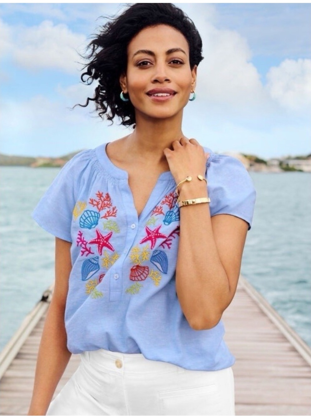 Talbots Light Blue Embroidered Shell& Starfish Short Sleeve Top, Coastal Cottage